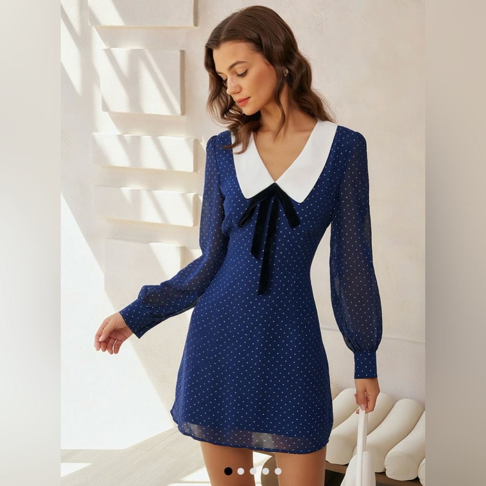 Rihoas Blue Polka Dot Chiffon Mini Dress | Small